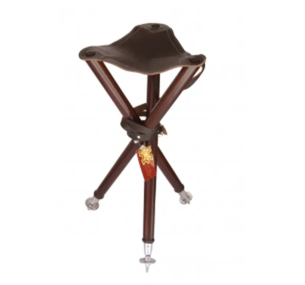 Wooden tripod stool "Pricel" with leather seat and ground spikes — ~70 cm, folding