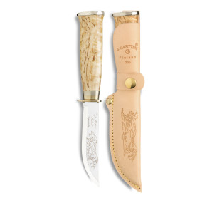 Cuțit Marttiini Lapp Knife 235 235010, oțel inoxidabil, mâner din mesteacăn creț, gardă pentru degete, teacă din piele