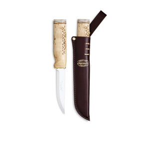 Cuțit Marttiini Wild Reindeer 11 542014, oțel inoxidabil X46Cr13, mâner din mesteacăn creț și corn de ren, teacă din piele