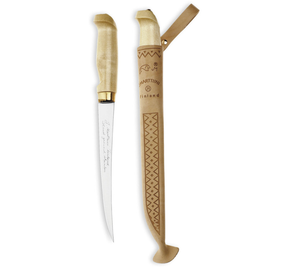 Нож Marttiini Classic Filleting Knife 19 630010, 19 см гъвкаво острие, брезова дръжка, кожена кания Нож Marttiini Classic Filleting Knife 19 630010, 19 см гъвкаво острие, брезова дръжка, кожена кания