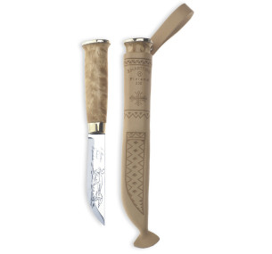 Cuțit Marttiini Lapp Knife 230 230010, oțel inoxidabil, mâner din mesteacăn creț, gardă pentru degete, teacă din piele