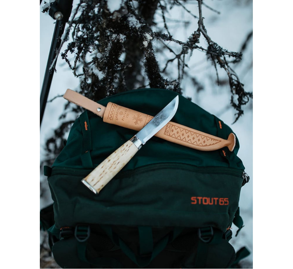 Нож Marttiini Lapp Knife 230 230010, неръждаема стомана, къдрава бреза, предпазител за пръсти, кожена кания