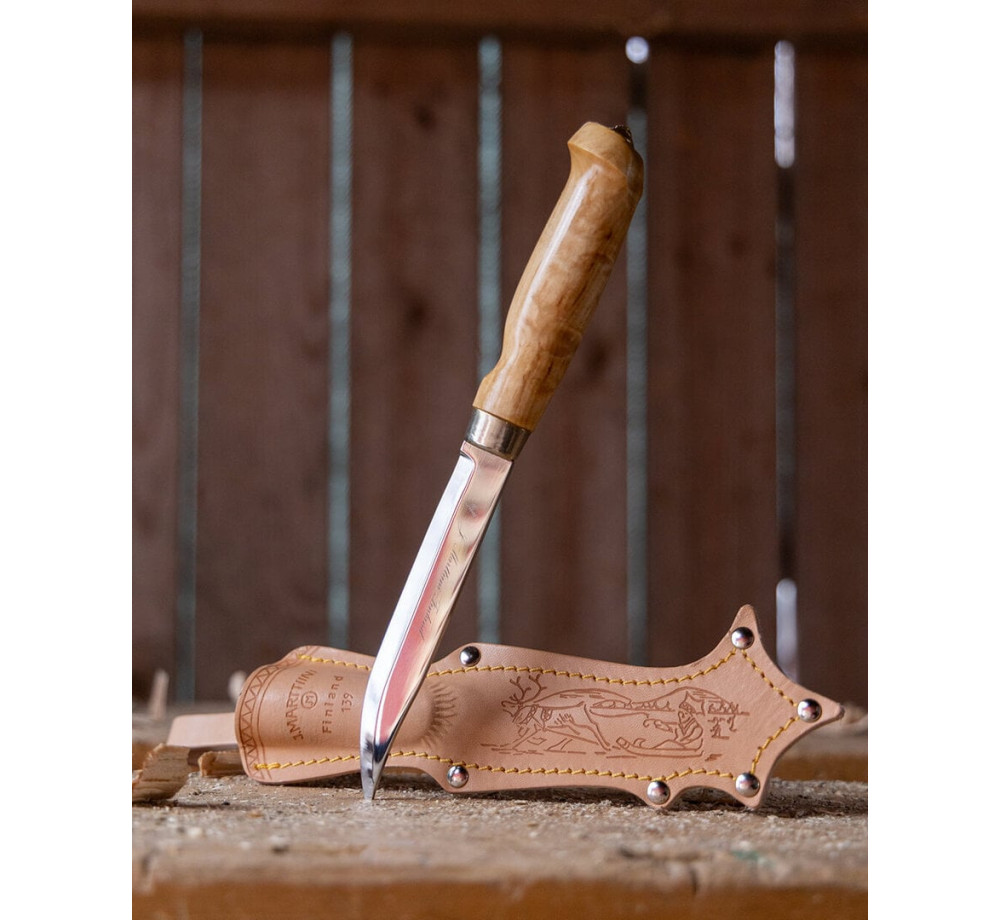 Marttiini Lynx 139 Hunting Knife – Stainless Steel, Curly Birch Handle, Leather Sheath Marttiini Lynx 139 Hunting Knife – Stainless Steel, Curly Birch Handle, Leather Sheath