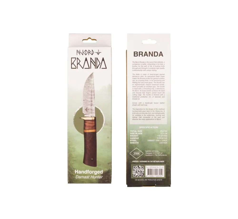 Ловен нож Njord Branda Damast Hunter с дамаскова стомана и кожена кания Ловен нож Njord Branda Damast Hunter с дамаскова стомана и кожена кания