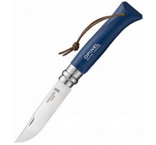 Нож Opinel №8, инокс, дръжка бук цвят син с кожена връзка
