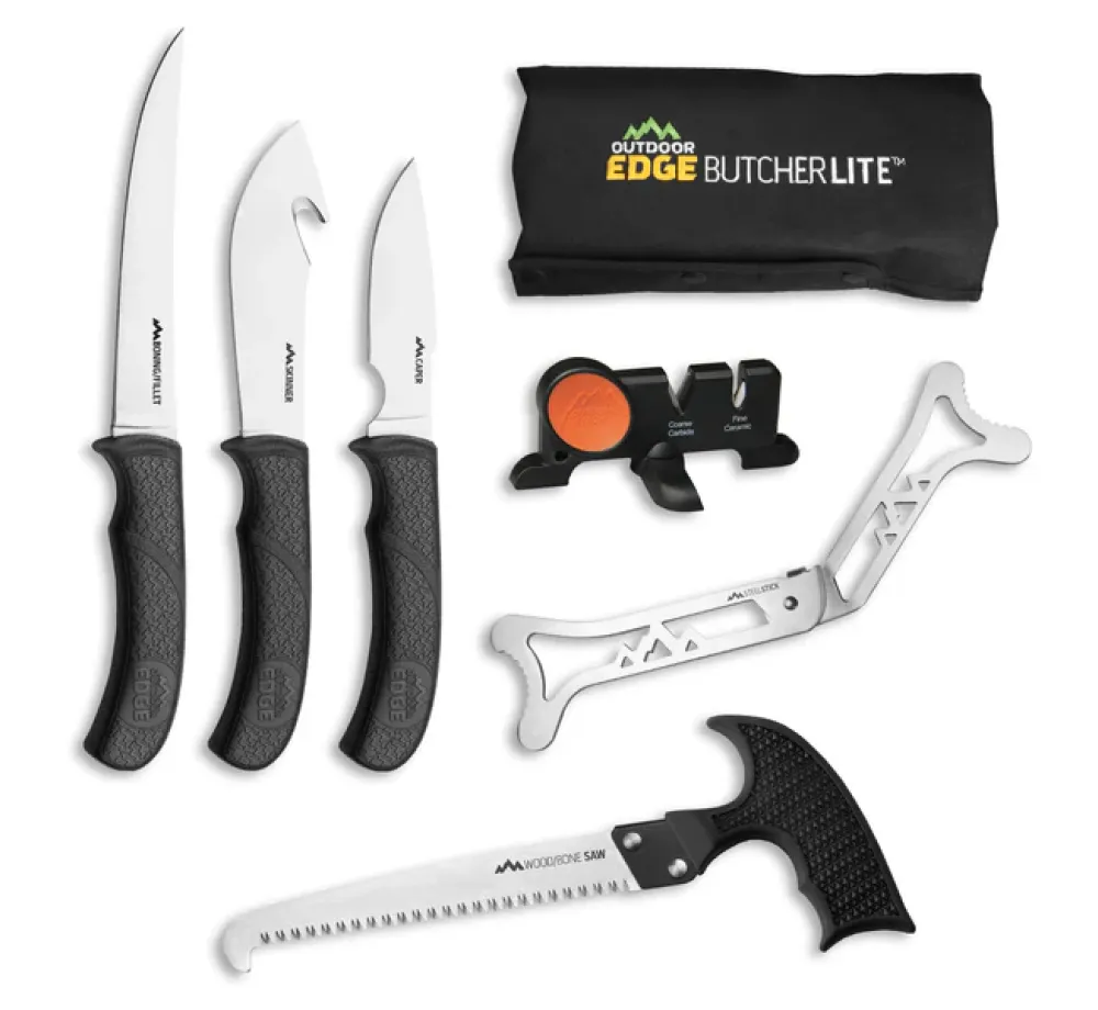 Ловен комплект за обработка на дивеч Outdoor Edge ButcherLite BL-1 – 8 части, 420J2, трион, точило, кобур за колан